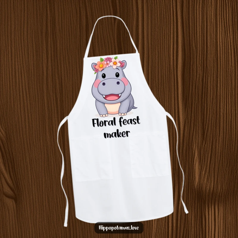 Funny Hippo Flower Crown Apron with a friendly hippo wearing a flower crown, ideal for baking, a unique funny gift.