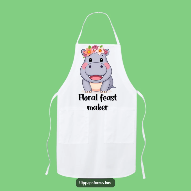 Funny Hippo Flower Crown Apron: Bake with Blooms, a delightful and funny gift for cooks.