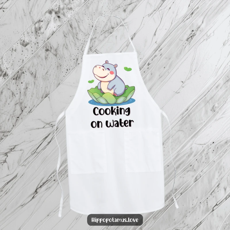 Funny hippo apron showing a playful hippopotamus giggling while riding a giant lily pad, humorous kitchen apparel.