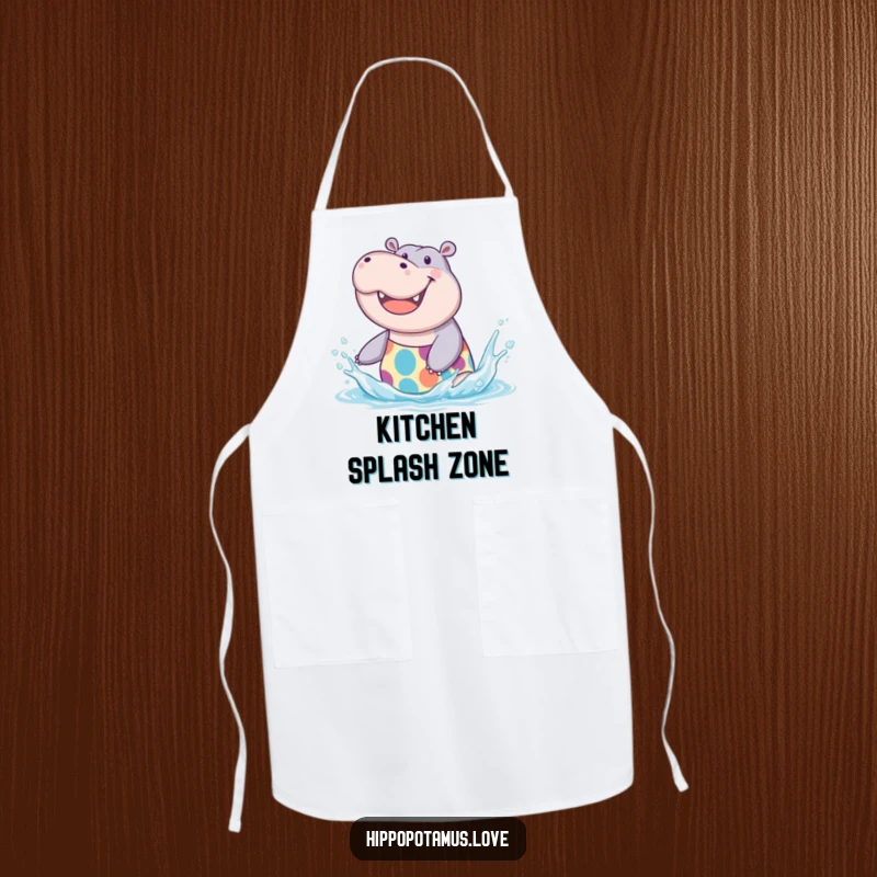 Funny Hippo Splash Apron with a joyful hippo in a swimsuit, ideal for kitchen fun, a unique funny gift.