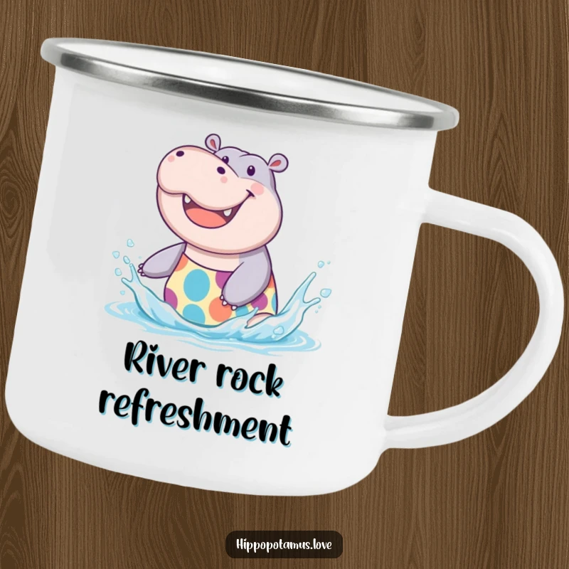 Funny Hippo Splash Camping Mug with a joyful hippo in a swimsuit, perfect for outdoor fun, an adventurous funny gift.