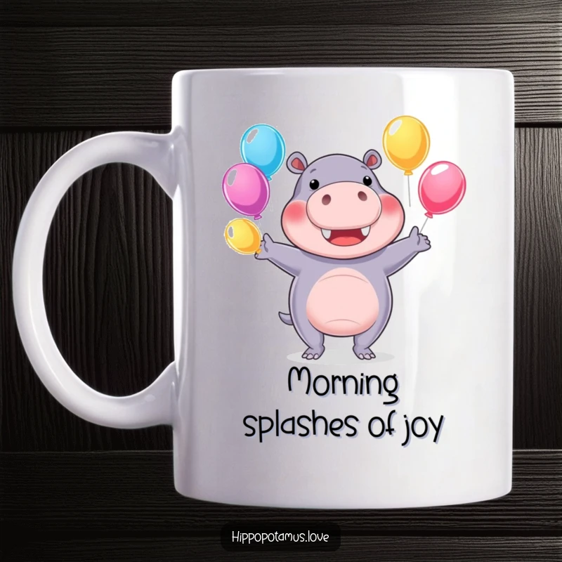 Funny hippo mug showing a cheerful hippopotamus juggling colorful water balloons with glee, symbolizing playful fun.