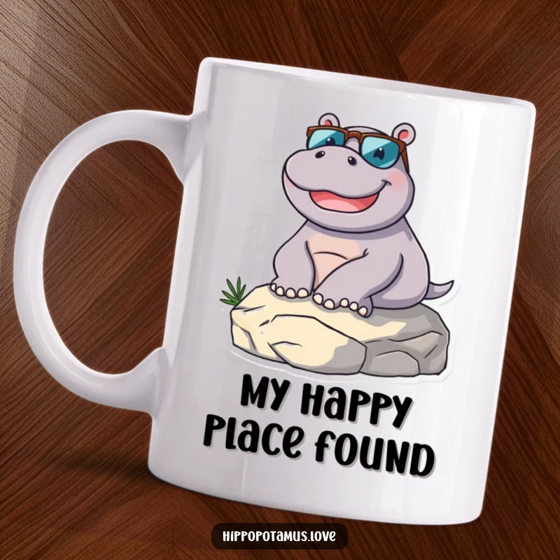 Funny hippopotamus character in sunglasses, joyfully lounging on a sunny rock, embodying pure relaxation and humor.