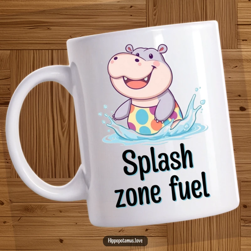Funny Hippo Splash Mug featuring a joyful hippo in a swimsuit, gleefully splashing water, a fun funny gift.