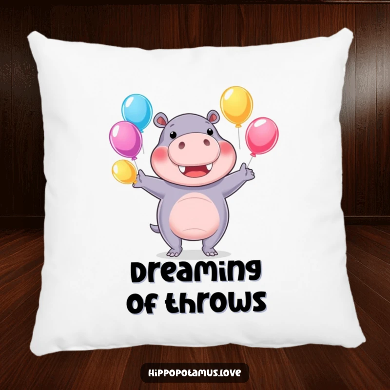 Funny hippo pillow showcasing a cheerful hippopotamus juggling colorful water balloons, a humorous comfort item.
