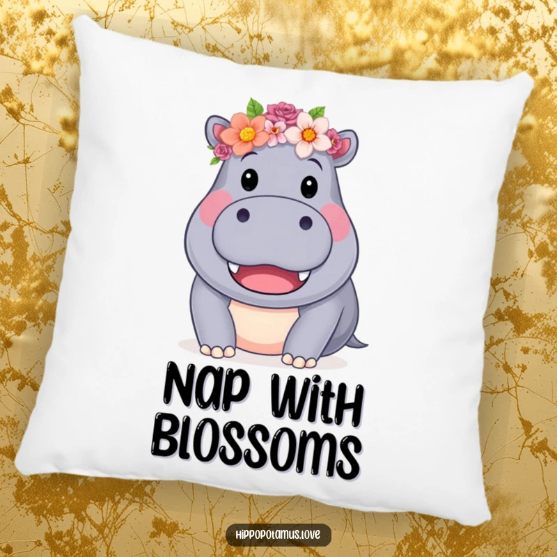 Funny Hippo Flower Crown Pillow featuring a friendly hippo with a flower crown, designed for comfort and charm, a cute funny gift.