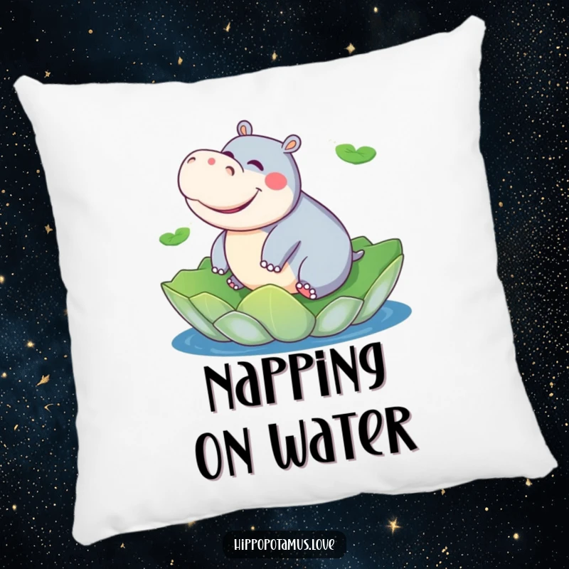 Funny hippo pillow showcasing a playful hippopotamus giggling while riding a giant lily pad, a humorous comfort item.