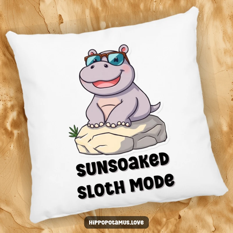 Funny hippopotamus character, sunglasses on, lounging on a sunny rock, creating a humorous and comfortable decorative pillow.