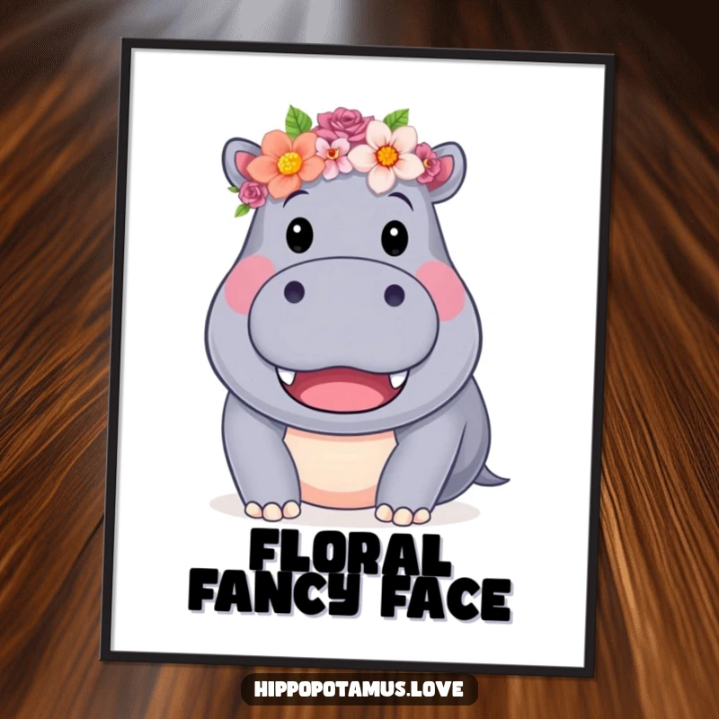 Funny Hippo Flower Crown Digital Art Print of a friendly hippo with a flower crown, ready for download, a charming funny gift.