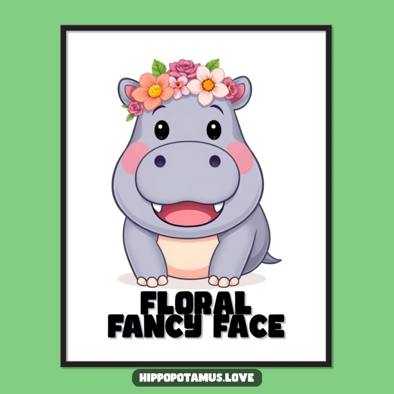 Funny Hippo Flower Crown Digital Art Print: Instant Floral Charm, a downloadable funny gift.