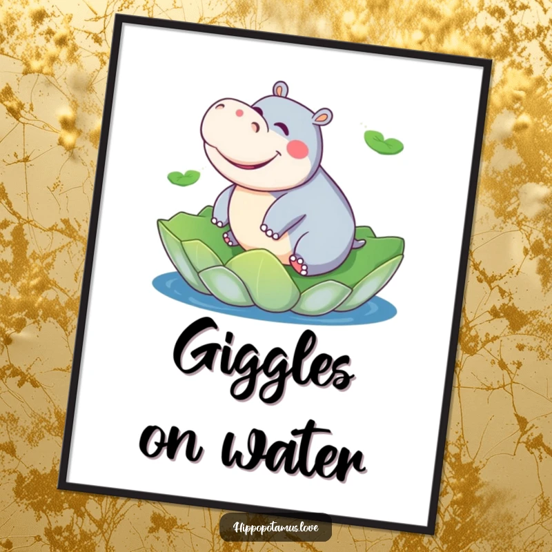 Funny hippo river digital art print, a playful hippopotamus giggling while riding a giant lily pad.