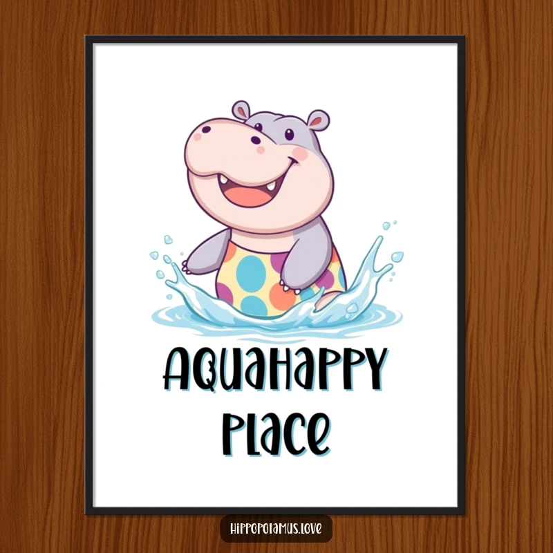 Funny Hippo Splash Digital Art Print of a joyful hippo in a swimsuit, ready for download, a fun funny gift.