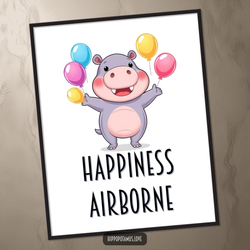 Funny hippo juggling digital art print, a cheerful hippopotamus juggling colorful water balloons.