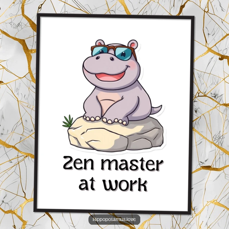 Funny hippopotamus character in sunglasses, lounging on a sunny rock, available as a digital art print for instant humorous decor.