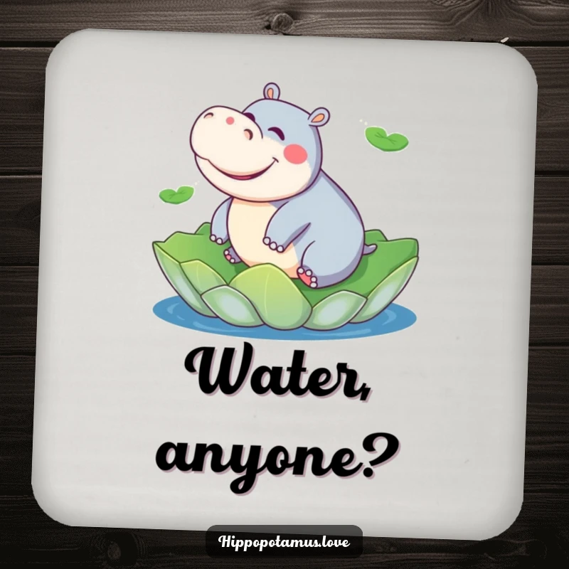 Funny hippo coaster with a playful hippopotamus giggling while riding a giant lily pad, humorous desk accessory.