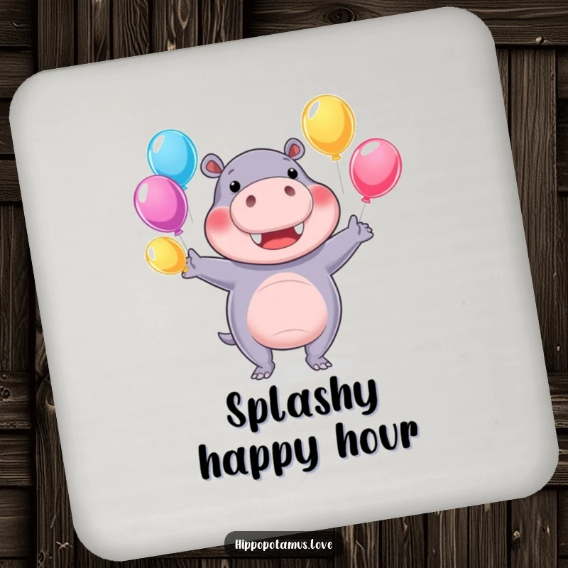 Funny hippo coaster with a cheerful hippopotamus juggling colorful water balloons, humorous desk accessory.