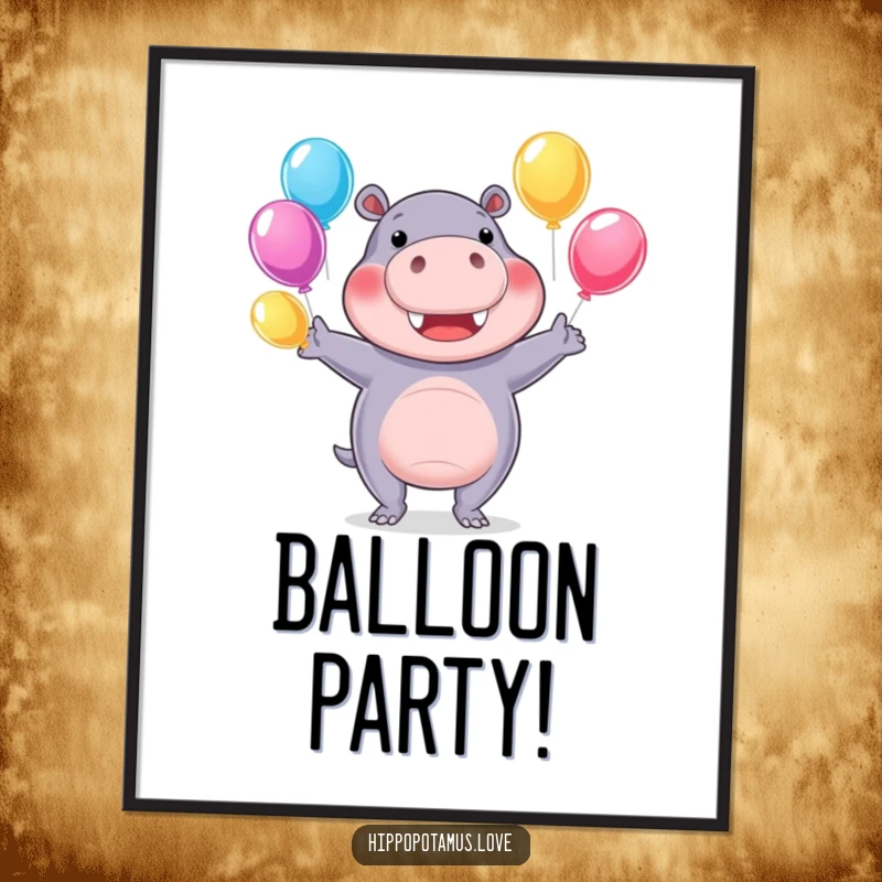 Funny hippo poster depicting a cheerful hippopotamus juggling colorful water balloons, humorous wall art.