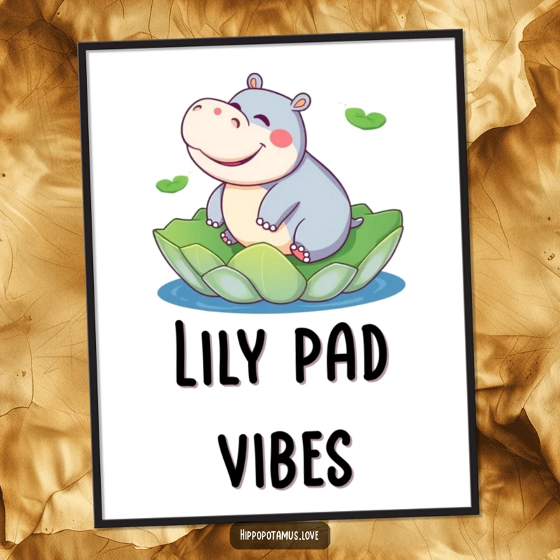 Funny hippo poster depicting a playful hippopotamus giggling while riding a giant lily pad, humorous wall art.