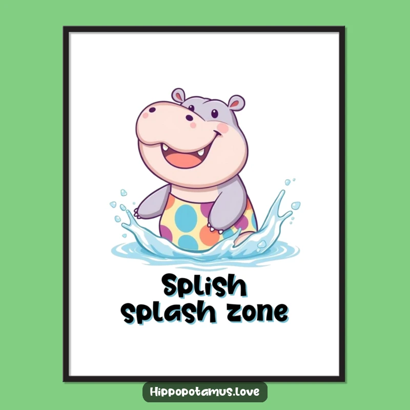 Funny Hippo Splash Poster: Joyful Water Art, a vibrant and funny gift for any room.