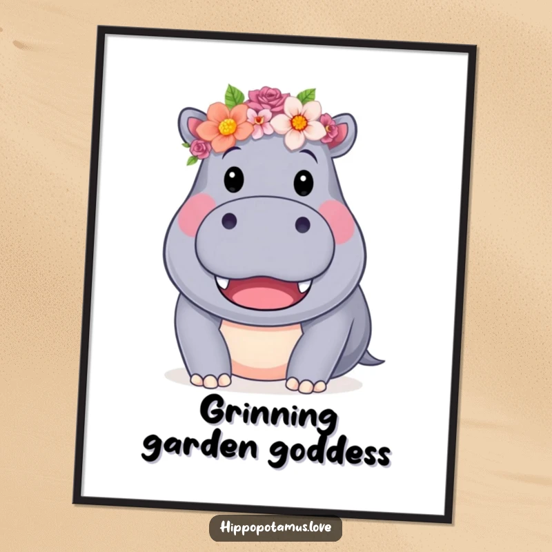 Funny Hippo Flower Crown Poster of a friendly hippo with a flower crown, smiling brightly, a delightful funny gift.