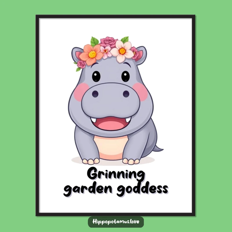 Funny Hippo Flower Crown Poster: Floral Smiles Art, a vibrant and funny gift for any space.