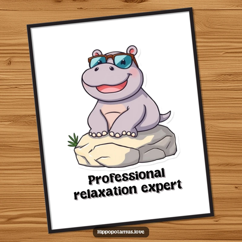 Funny hippopotamus character in sunglasses, basking on a sunny rock, depicted in a vibrant art poster for humorous wall decor.