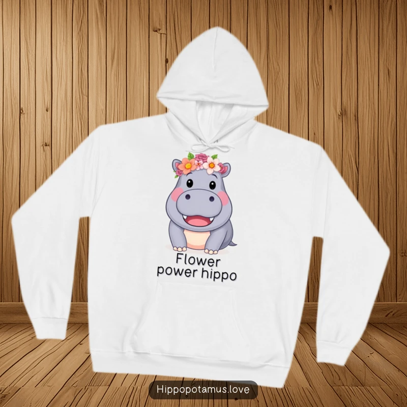 Funny Hippo Flower Crown Hoodie featuring a friendly hippo with a flower crown and a sweet smile, a warm funny gift.