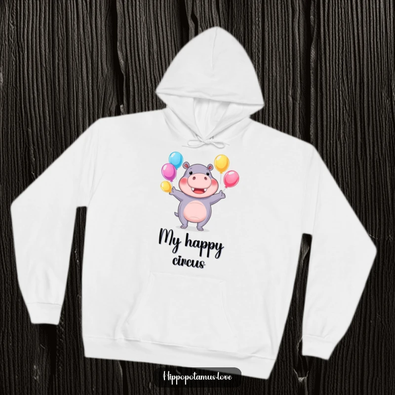 Funny hippo hoodie showing a cheerful hippopotamus juggling colorful water balloons, great for cool weather fun.