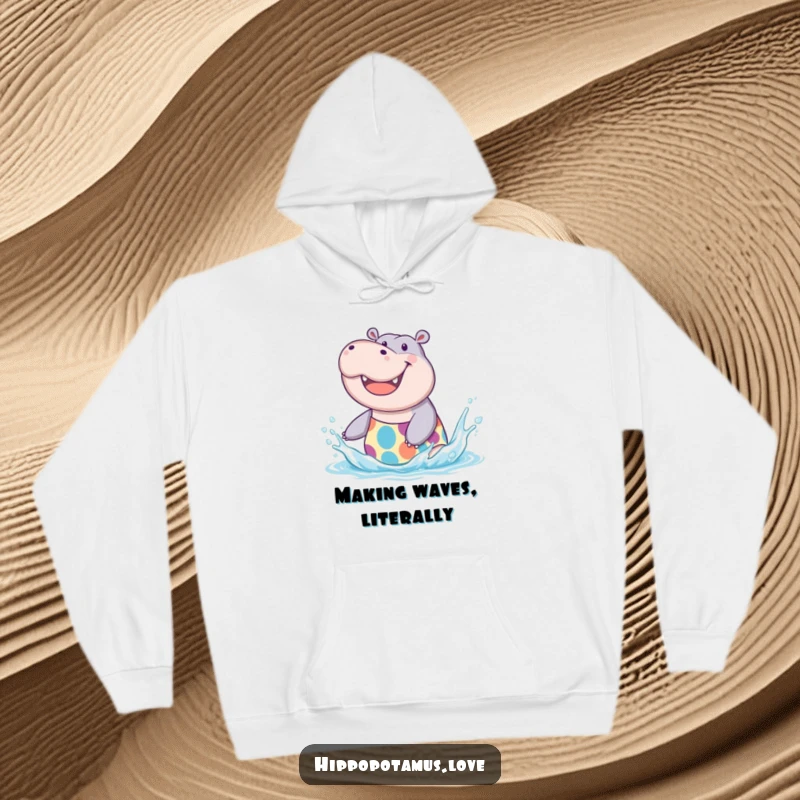Funny Hippo Splash Hoodie featuring a joyful hippo in a swimsuit, splashing happily, a cozy funny gift.