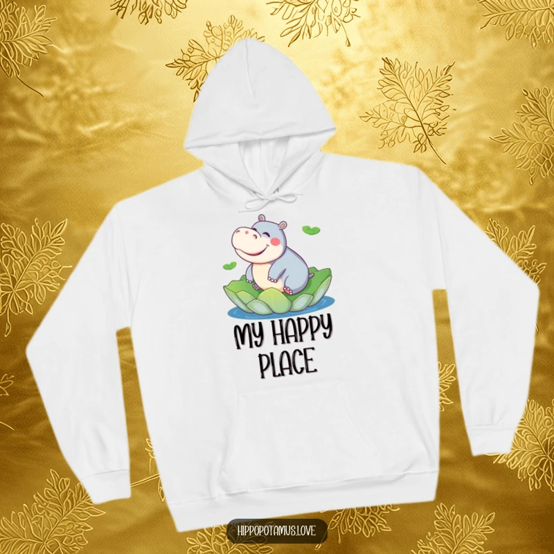 Funny hippo hoodie showing a playful hippopotamus giggling while riding a giant lily pad, perfect for relaxing.
