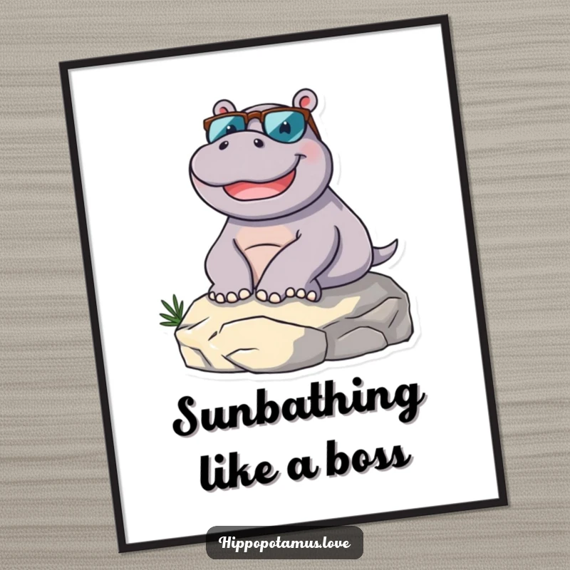 Funny Free Printable Wall Art: A delighted hippo in sunglasses lounges on a sunny rock, creating a hilarious chill zone.