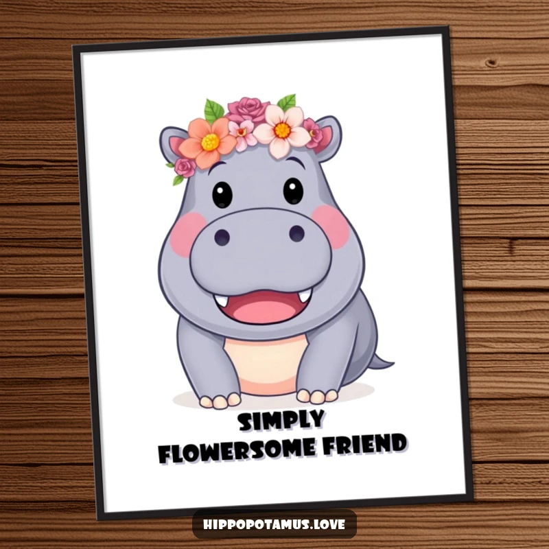 Funny Free Printable Wall Art, a friendly hippo wearing a lush flower crown, beaming with a giant, toothy smile.