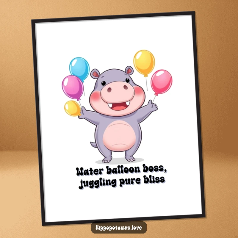 Funny Free Printable Wall Art: A hippo juggles colorful water balloons, a fun and lively piece.