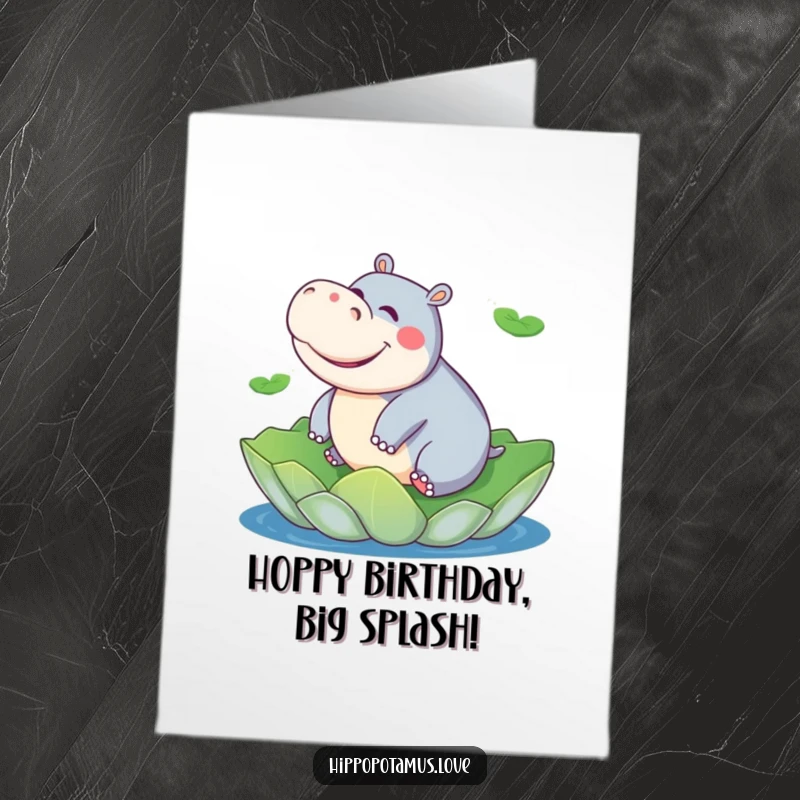 Funny Free Printable Birthday Card: A happy hippo giggles while riding a giant lily pad, enjoying the water.