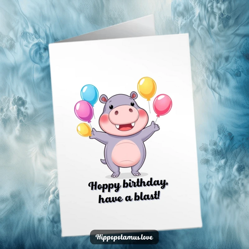 Funny Free Printable Birthday Card: A cheerful hippo juggles brightly colored water balloons, ready for fun.
