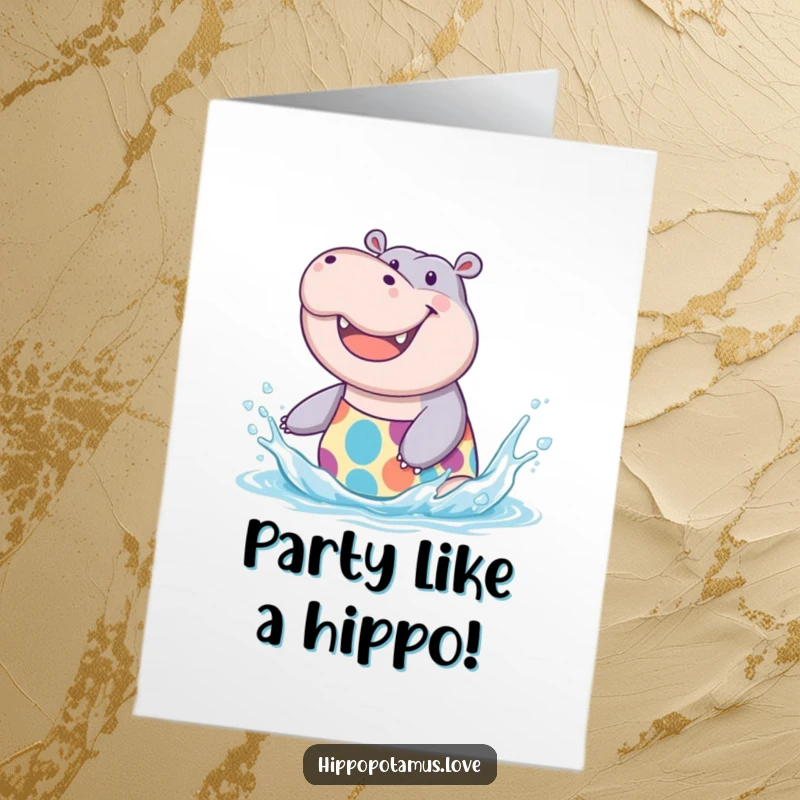 Funny Free Printable Birthday Card featuring a joyful hippo in a swimsuit, joyfully splashing water with a big grin.