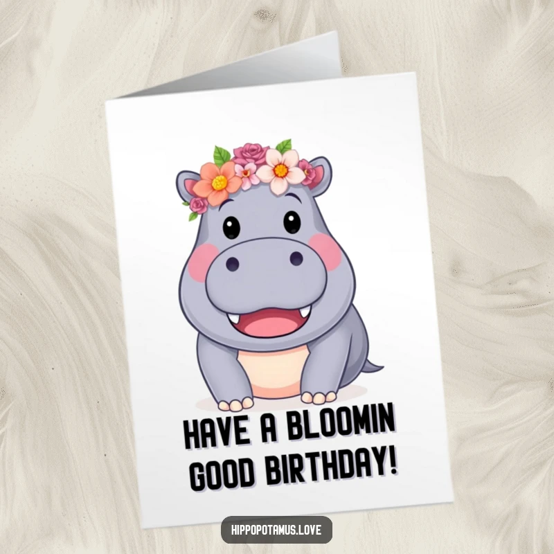 Funny Free Printable Birthday Card, a friendly hippo wearing a flower crown and flashing a big, toothy smile.