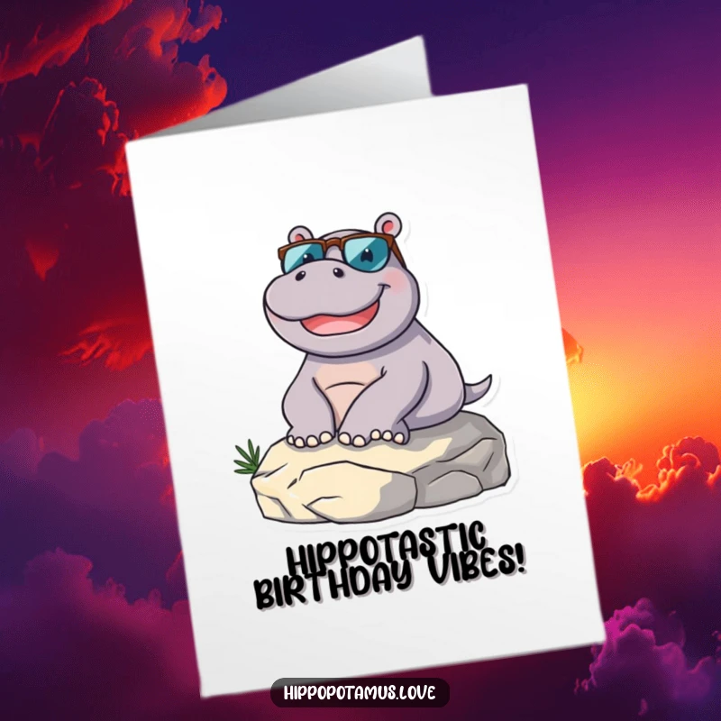 Funny Free Printable Birthday Card of a delighted hippo in sunglasses relaxing on a sunny rock, radiating pure chill.