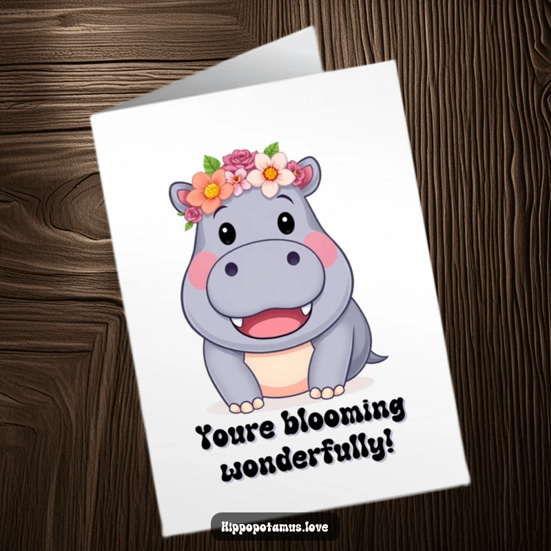 Funny Free Printable Congratulations Card, a friendly hippo in a flower crown, smiling broadly to celebrate success.
