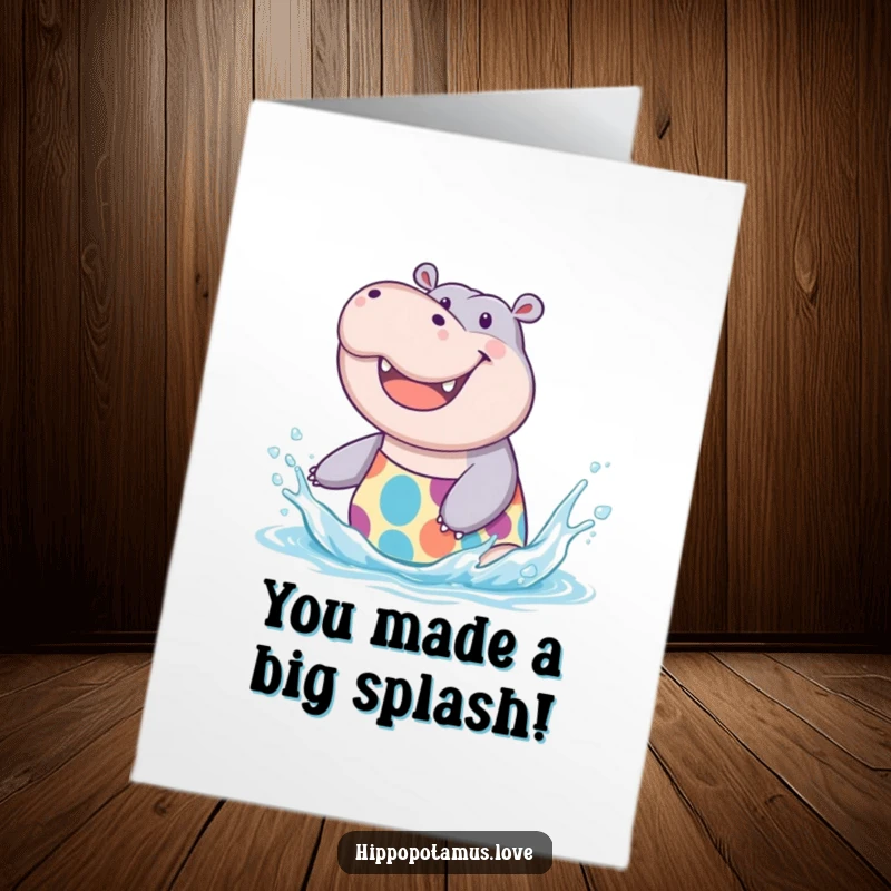 Funny Free Printable Congratulations Card, a happy hippo in a swimsuit splashing water, celebrating success with joy.