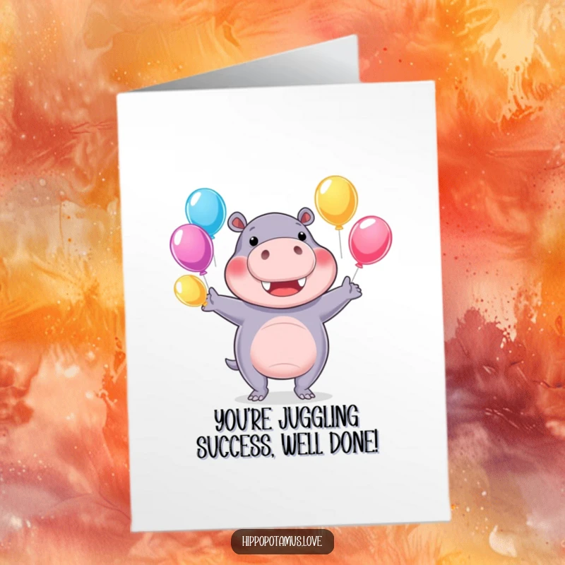 Funny Free Printable Congrats Card: A hippo juggles water balloons, symbolizing a successful juggle of tasks.
