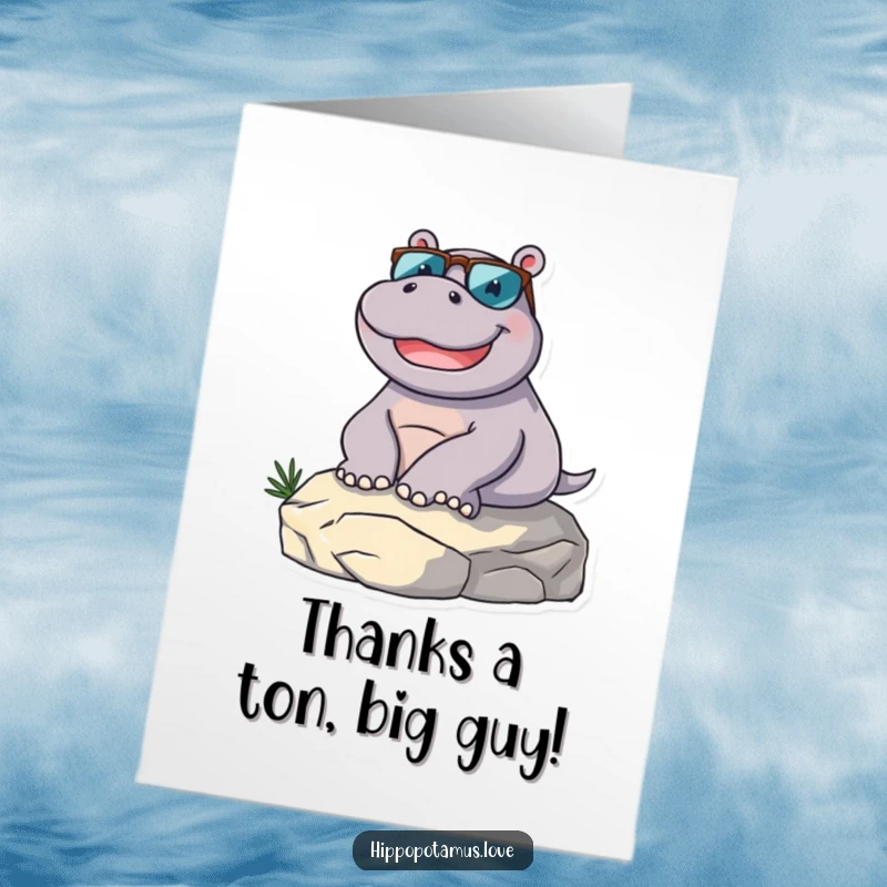 Funny Free Printable Thank You Card of a delighted hippo wearing sunglasses, lounging on a sunny rock with gratitude.