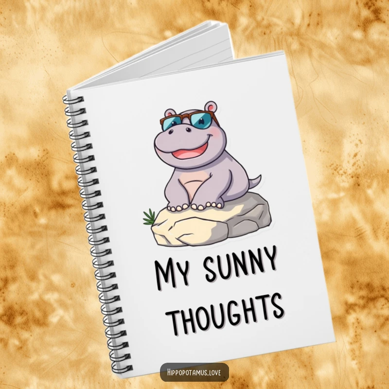 Funny hippopotamus character in sunglasses, lounging, featured on a notebook cover for stylish and humorous note-taking.
