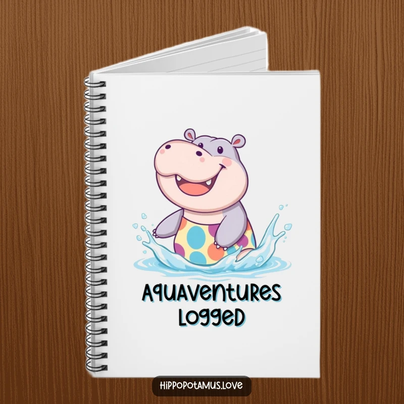 Funny Hippo Splash Notebook featuring a joyful hippo in a swimsuit, perfect for notes, a useful funny gift.