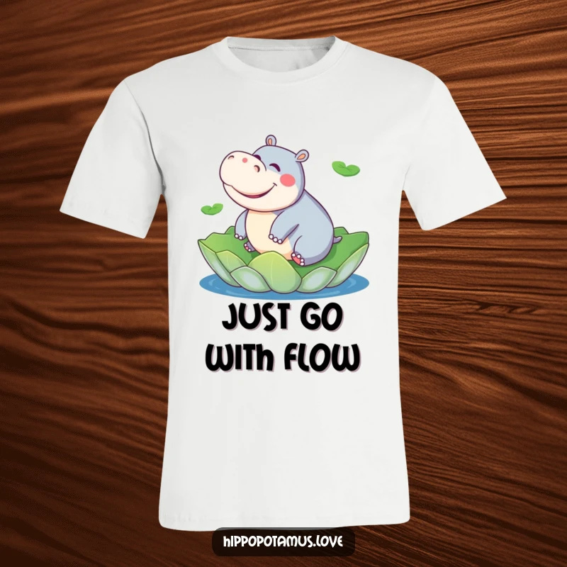 Funny hippo t-shirt depicting a playful hippopotamus giggling while riding a giant lily pad, symbolizing carefree fun.