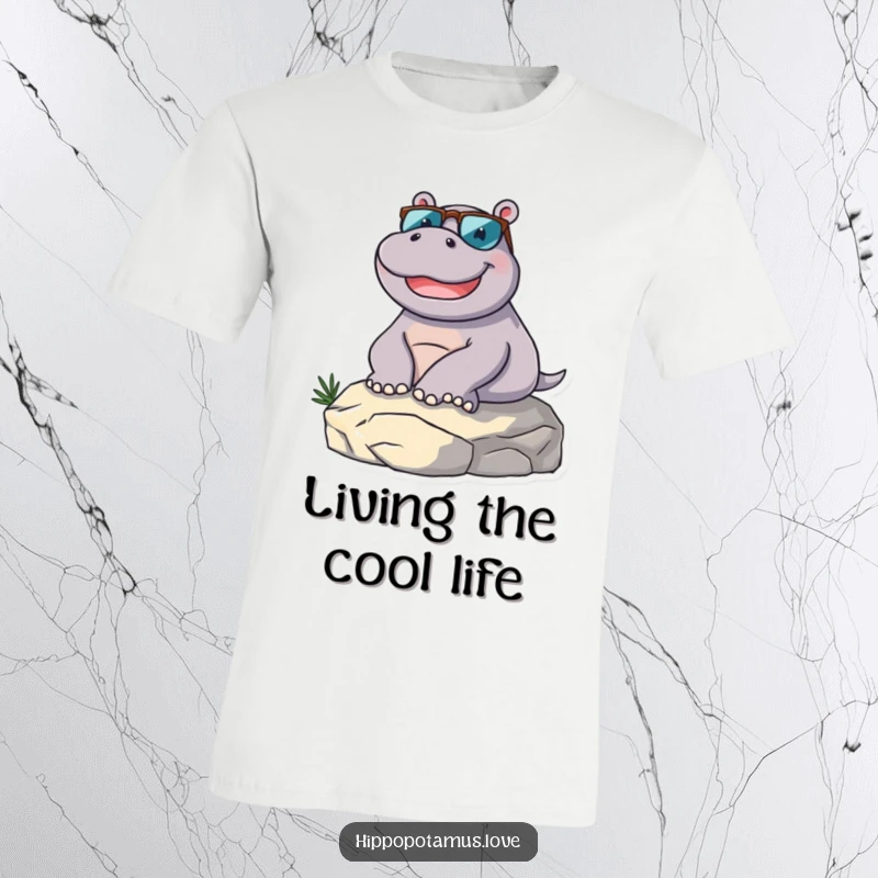 Funny hippopotamus character wearing sunglasses, looking delighted while lounging on a sunny rock, perfect for a relaxed vibe.