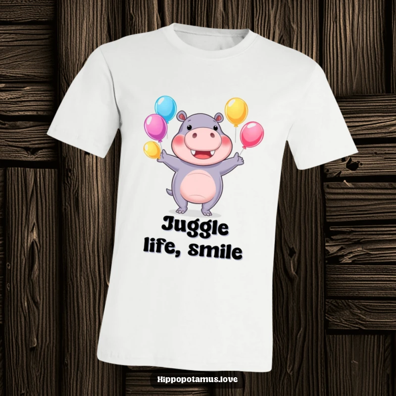 Funny hippo t-shirt depicting a cheerful hippopotamus juggling colorful water balloons, symbolizing summer joy and play.
