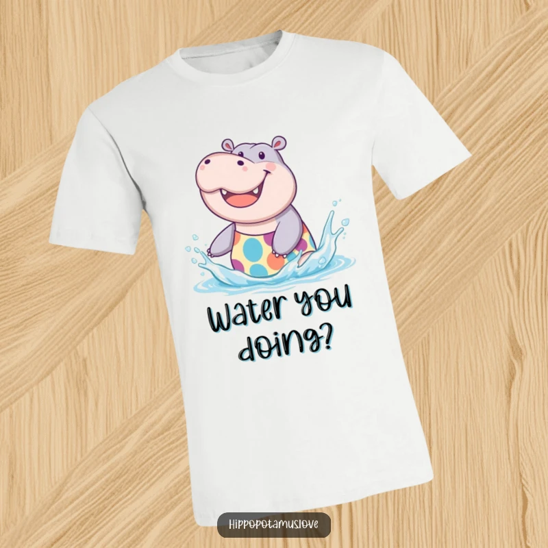 Funny Hippo Splash T-Shirt with a joyful hippo in a swimsuit, having a blast splashing water, a great funny gift.