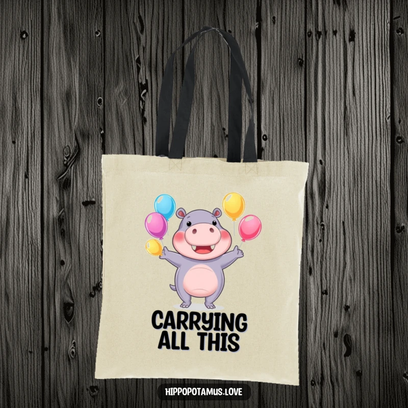 Funny hippo tote bag with a cheerful hippopotamus juggling colorful water balloons, perfect for beach or pool.