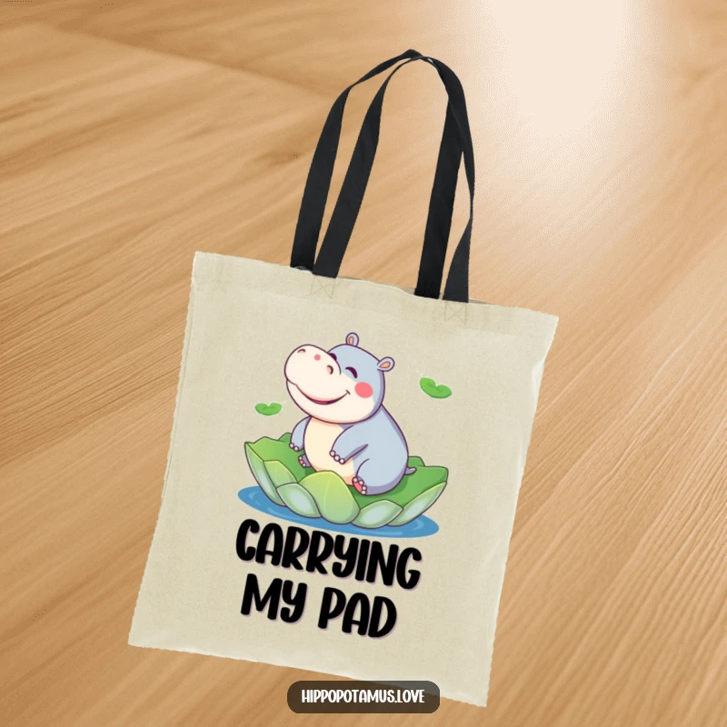 Funny hippo tote bag with a playful hippopotamus giggling while riding a giant lily pad, perfect for beach or pool.